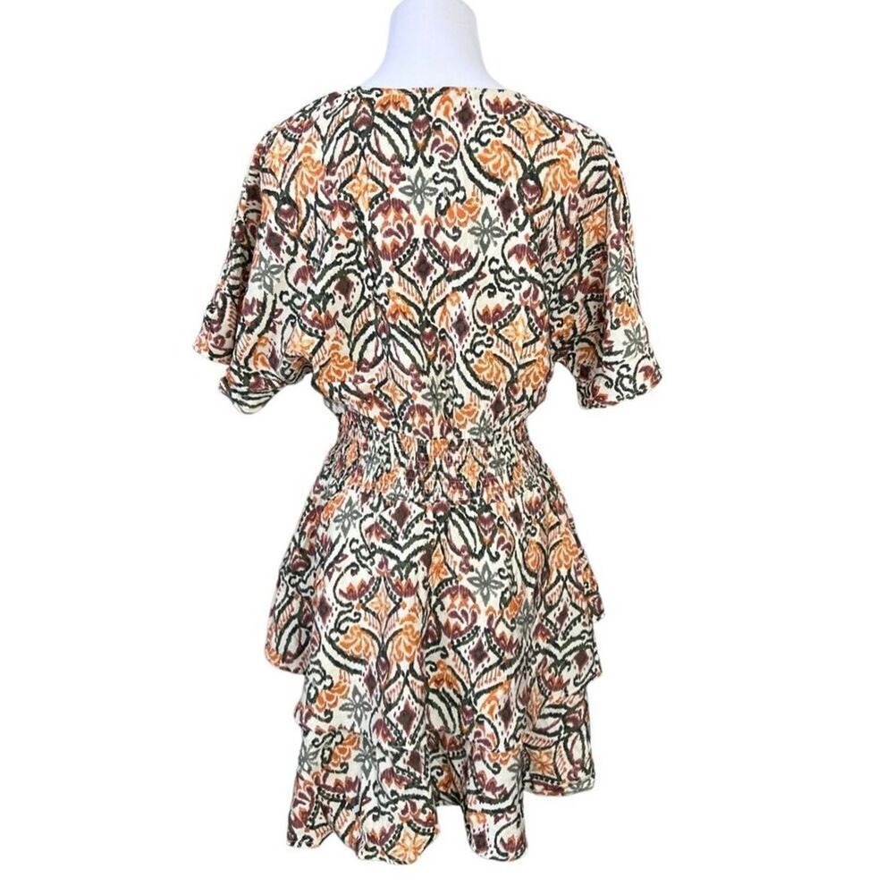 Zara AOP Ikat Print Tiered Elastic Waist Dress Tan Green Tribal MEDIUM Boho Chic - Picture 4 of 10